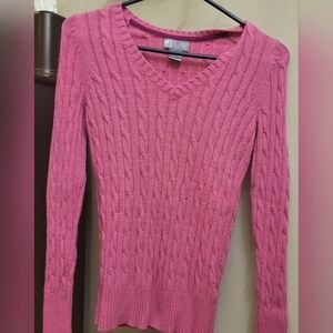 Pink Cable Knit V-Neck Sweater